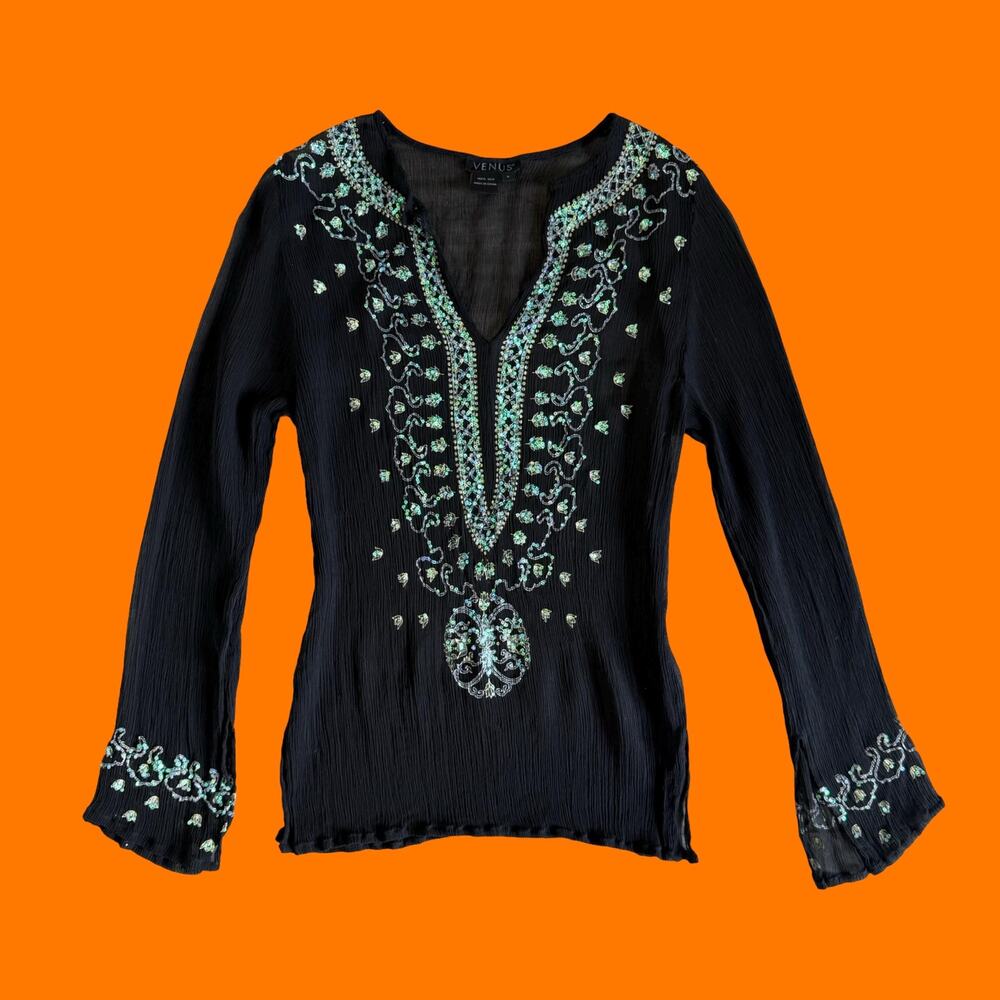 00's vintage black 100% silk chiffon sequins y2k blouse SMALL